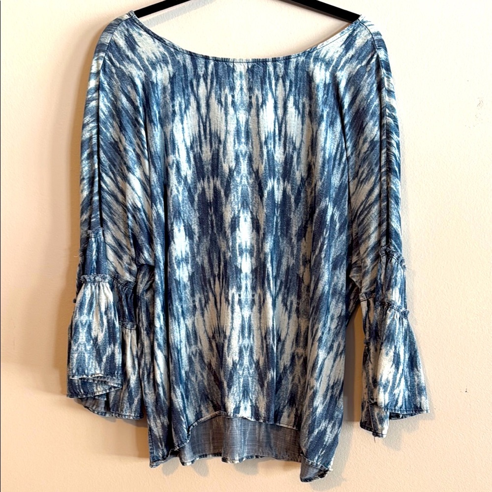 Liverpool Blue and White Asymmetrical Bell Sleeve Blouse